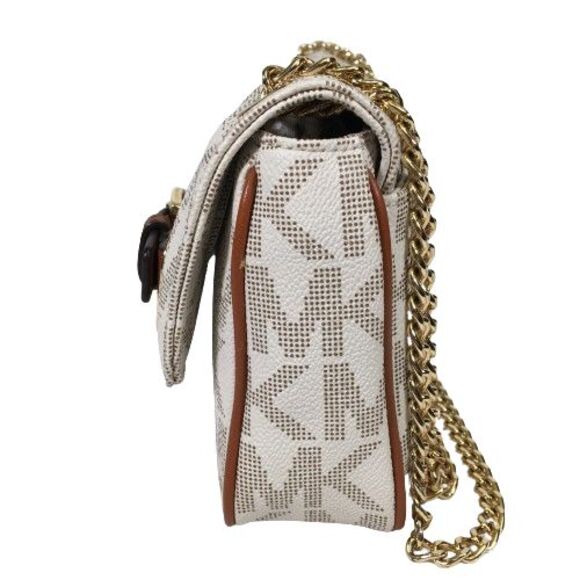 Michael Kors Hamilton Flap Vanilla Monogram Tan Leather Gold Chain Shoulder Bag - Picture 15 of 16